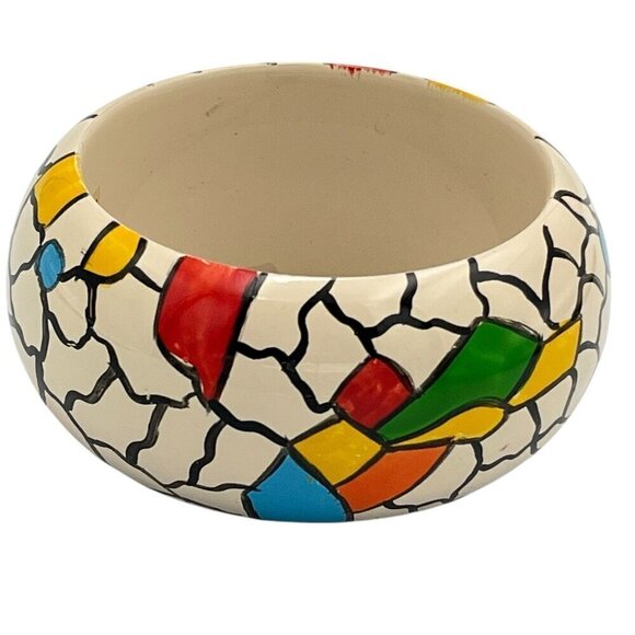 Vtg Retro Artisan Hand Painted Wood Geometric Crackle Bangle Bracelet 80s 90s - Picture 3 of 12